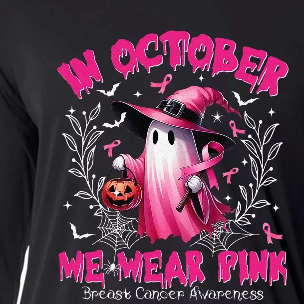 In October We Wear P.Ink Ghost Witch Breast Cancer Awareness Gift Cooling Performance Long Sleeve Crew