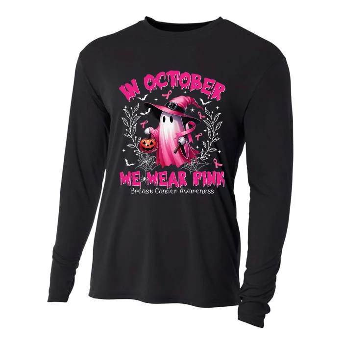 In October We Wear P.Ink Ghost Witch Breast Cancer Awareness Gift Cooling Performance Long Sleeve Crew