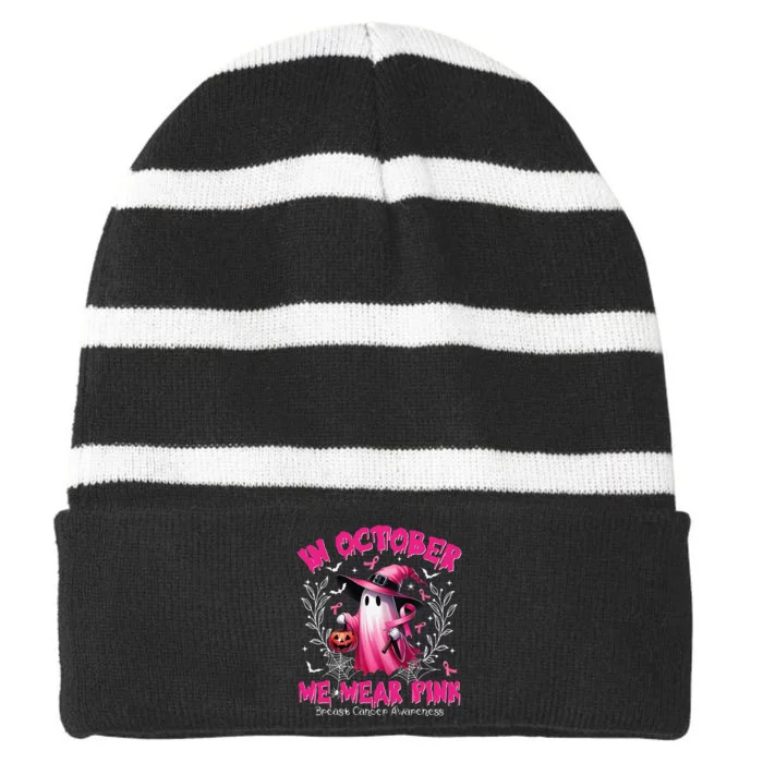 In October We Wear P.Ink Ghost Witch Breast Cancer Awareness Gift Striped Beanie with Solid Band