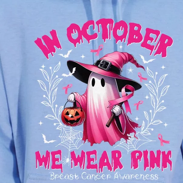 In October We Wear P.Ink Ghost Witch Breast Cancer Awareness Gift Unisex Surf Hoodie