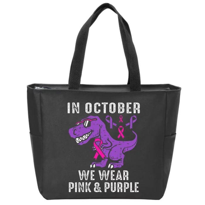 In October We Wear Pin.K And Purple Breast Cancer Awareness Zip Tote Bag