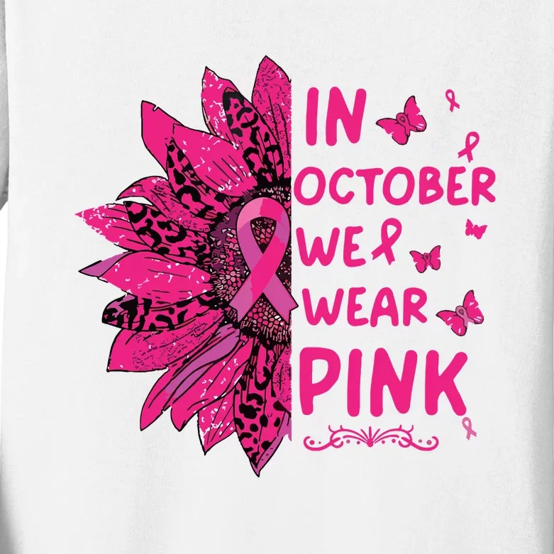 In October We Wear Leopard Pink Sunflower Breast Cancer Kids Long Sleeve Shirt