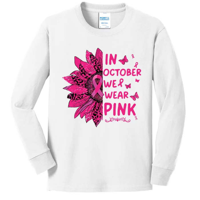 In October We Wear Leopard Pink Sunflower Breast Cancer Kids Long Sleeve Shirt