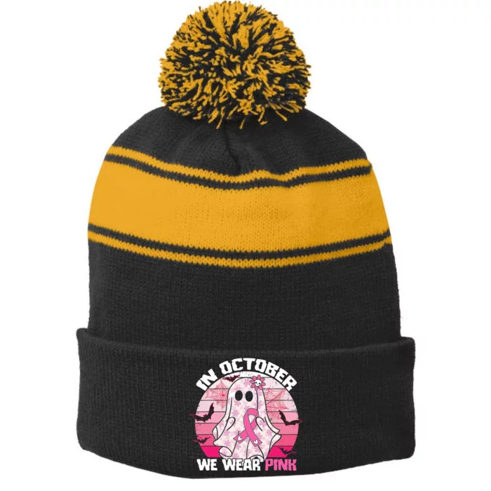 In October We Wear Pink Breast Cancer Ghost Halloween Stripe Pom Pom Beanie