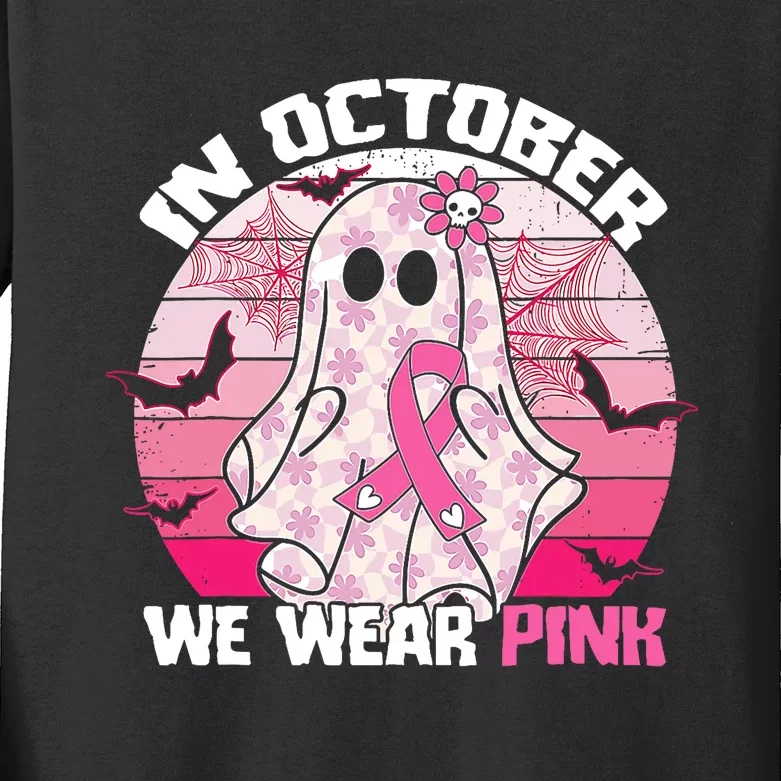 In October We Wear Pink Breast Cancer Ghost Halloween Kids Long Sleeve Shirt