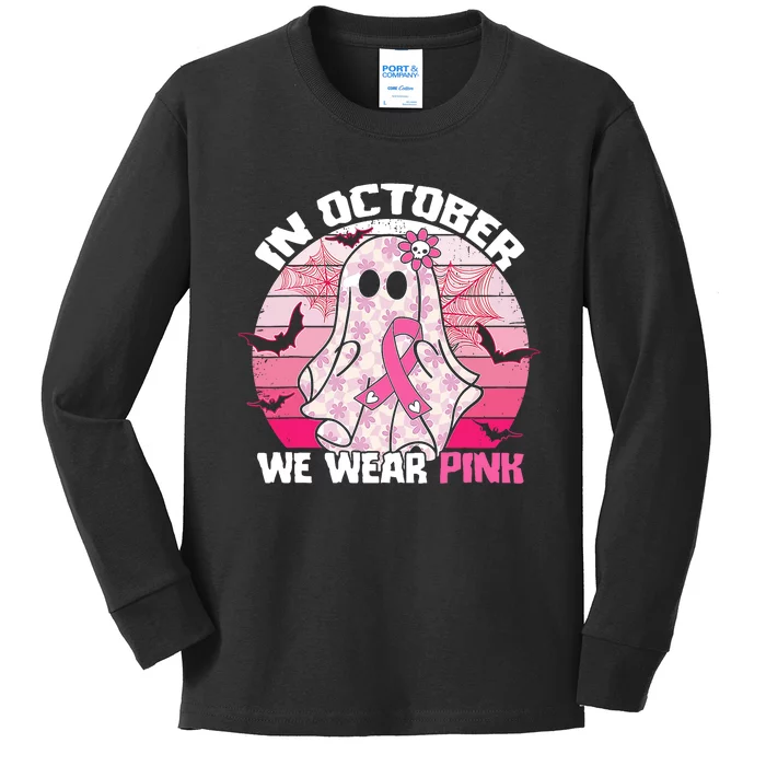 In October We Wear Pink Breast Cancer Ghost Halloween Kids Long Sleeve Shirt