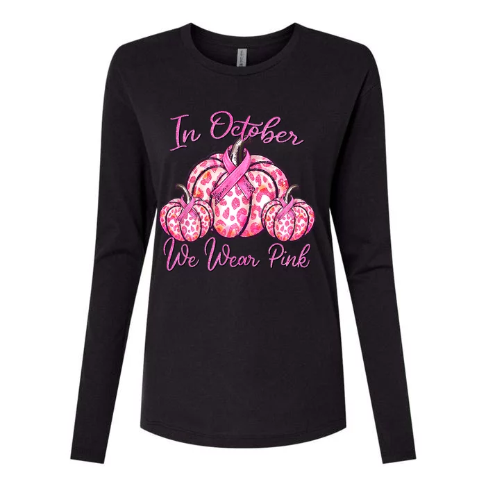 In October We Wear Pink Pumpkin Leopard Breast Cancer Womens Cotton Relaxed Long Sleeve T-Shirt