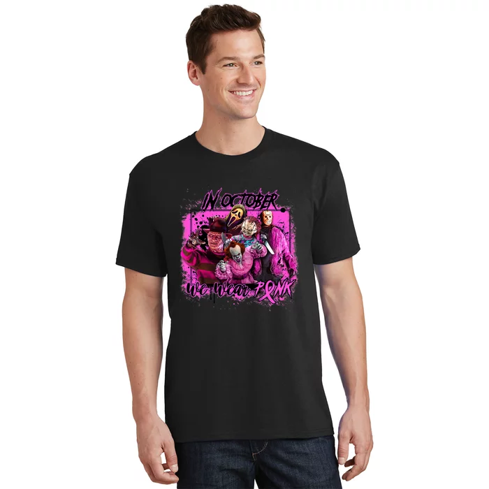 In October We Wear Pink Breast Cancer Horror Movies T-Shirt