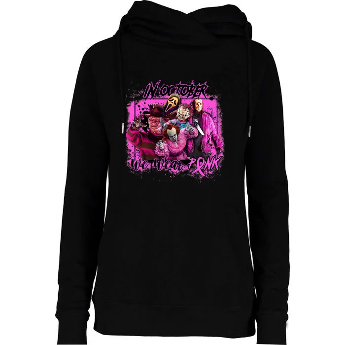 In October We Wear Pink Breast Cancer Horror Movies Womens Funnel Neck Pullover Hood