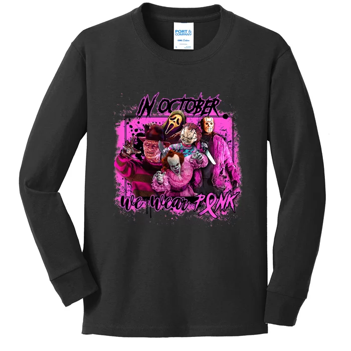 In October We Wear Pink Breast Cancer Horror Movies Kids Long Sleeve Shirt