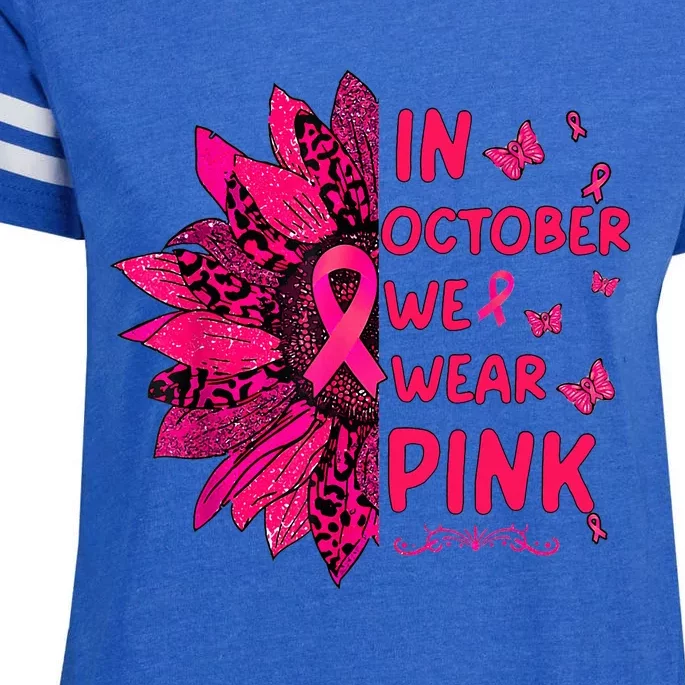 in october we wear leopard pink sunflower breast cancer Enza Ladies Jersey Football T-Shirt