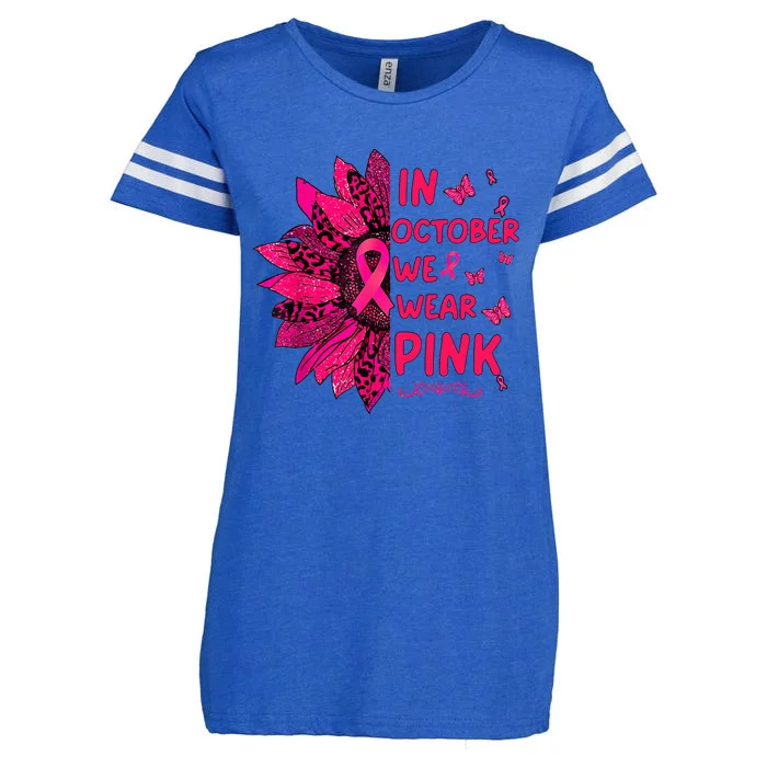 in october we wear leopard pink sunflower breast cancer Enza Ladies Jersey Football T-Shirt