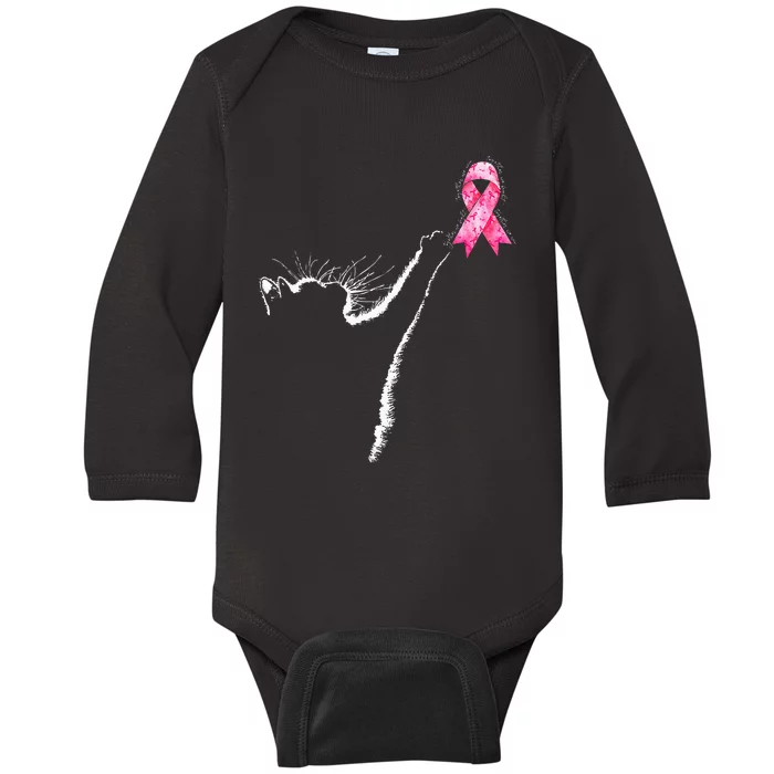 In October We Wear Coquete Cat Breast Cancer Awareness Baby Long Sleeve Bodysuit