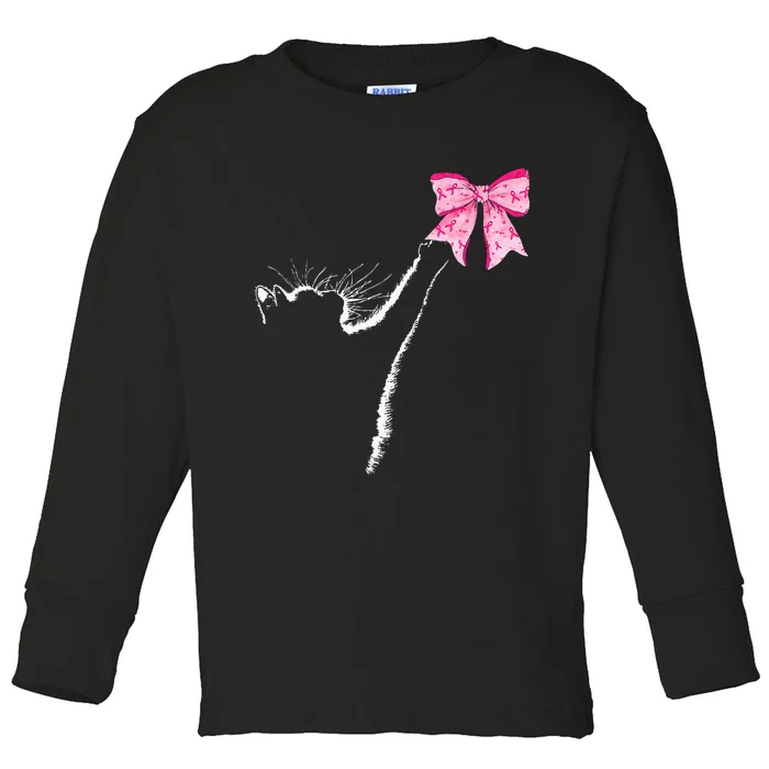 In October We Wear Coquete Cat Breast Cancer Awareness Toddler Long Sleeve Shirt