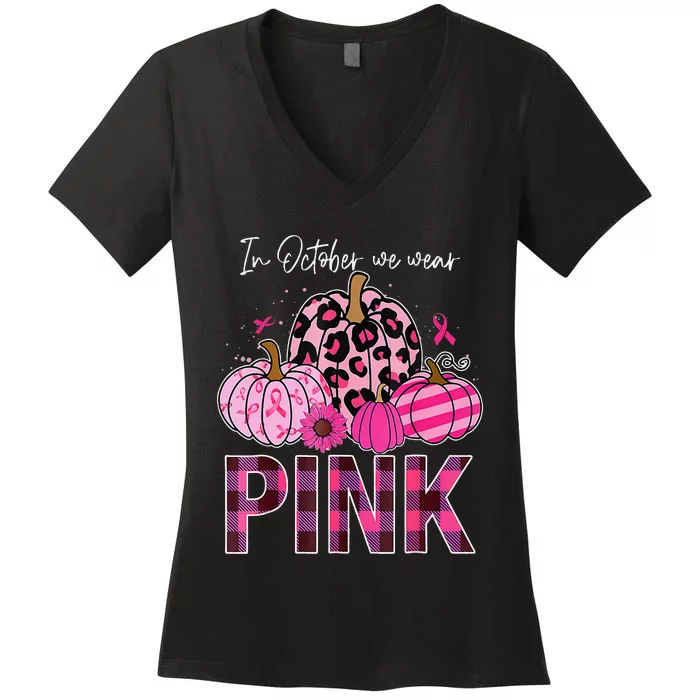 In October We Wear Pin.K Breast Cancer Awareness Halloween Women's V-Neck T-Shirt