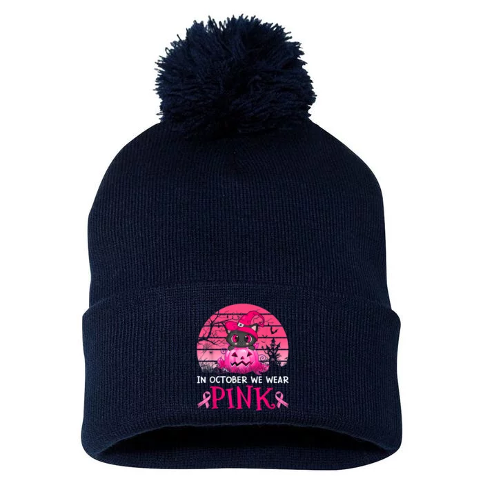 In October We Wear Pink Cute Cat Breast Cancer Awareness Pom Pom 12in Knit Beanie