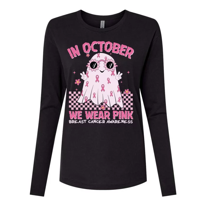 In October We Wear Pink Breast Cancer Awareness Halloween Pink Ghost Womens Cotton Relaxed Long Sleeve T-Shirt