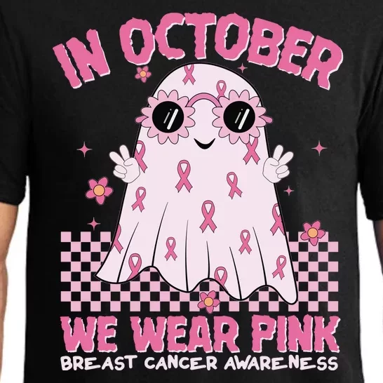 In October We Wear Pink Breast Cancer Awareness Halloween Pink Ghost Pajama Set