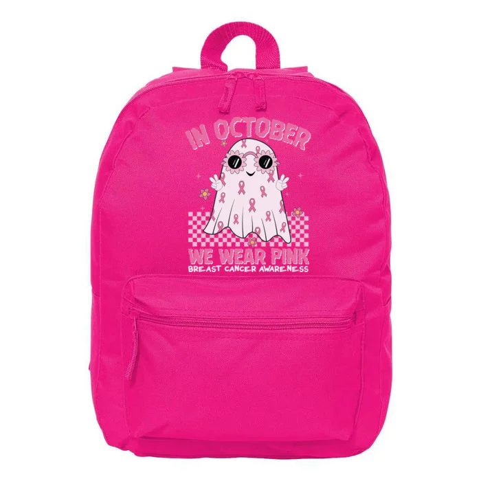 In October We Wear Pink Breast Cancer Awareness Halloween Pink Ghost 16 in Basic Backpack