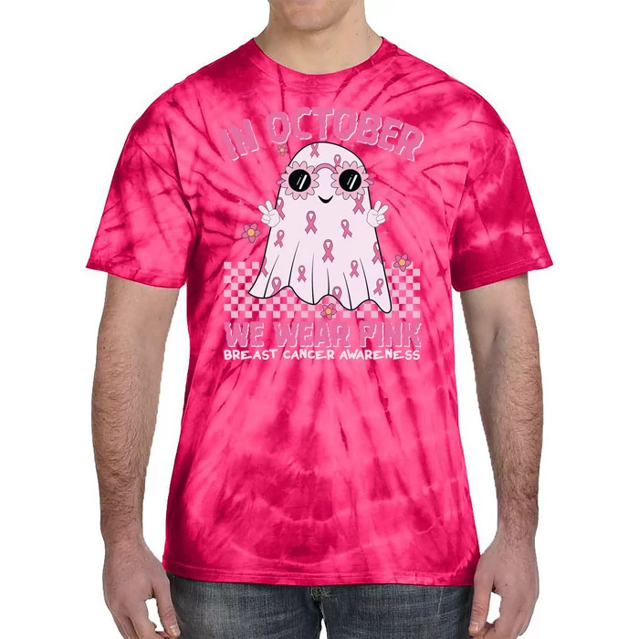 In October We Wear Pink Breast Cancer Awareness Halloween Pink Ghost Tie-Dye T-Shirt