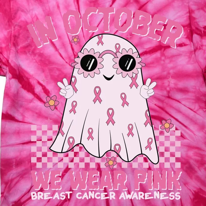 In October We Wear Pink Breast Cancer Awareness Halloween Pink Ghost Tie-Dye T-Shirt