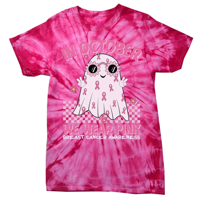 In October We Wear Pink Breast Cancer Awareness Halloween Pink Ghost Tie-Dye T-Shirt