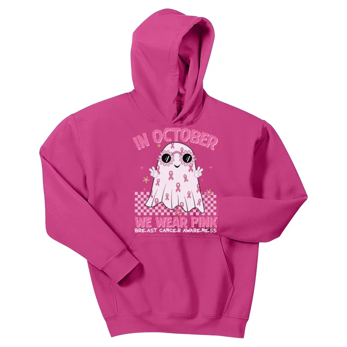 In October We Wear Pink Breast Cancer Awareness Halloween Pink Ghost Kids Hoodie