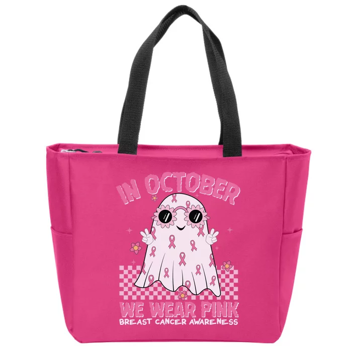 In October We Wear Pink Breast Cancer Awareness Halloween Pink Ghost Zip Tote Bag