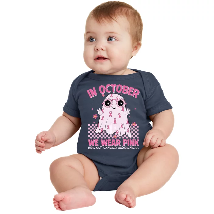 In October We Wear Pink Breast Cancer Awareness Halloween Pink Ghost Baby Bodysuit