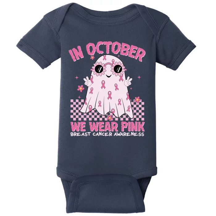 In October We Wear Pink Breast Cancer Awareness Halloween Pink Ghost Baby Bodysuit