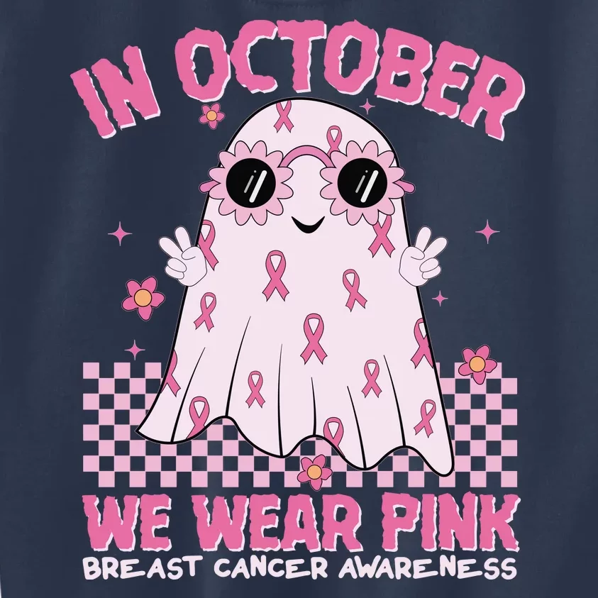 In October We Wear Pink Breast Cancer Awareness Halloween Pink Ghost Kids Sweatshirt