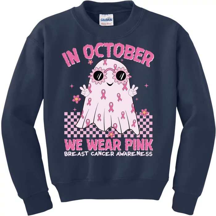 In October We Wear Pink Breast Cancer Awareness Halloween Pink Ghost Kids Sweatshirt