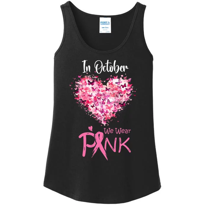 In October We Wear Pink Breast Cancer Awareness Ribbon Heart Ladies Essential Tank