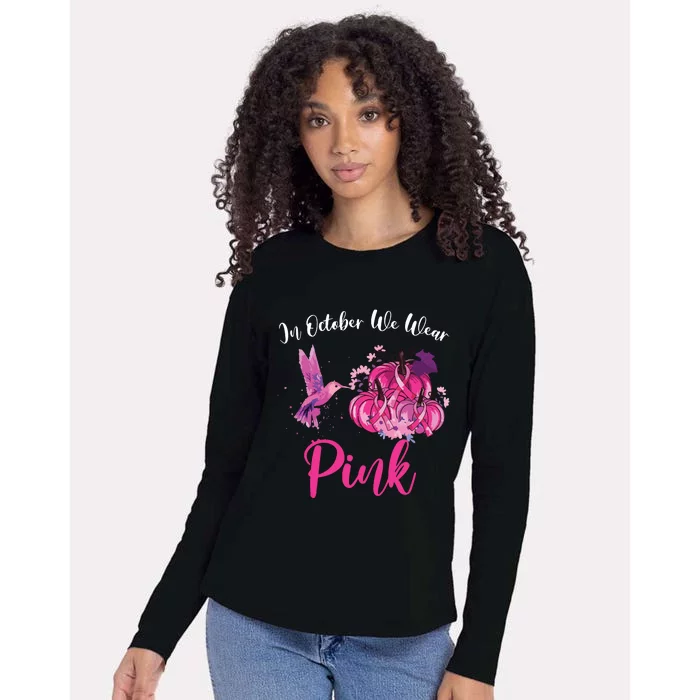 In October We Wear Pink Hummingbird Pumpkin Breast Cancer Womens Cotton Relaxed Long Sleeve T-Shirt