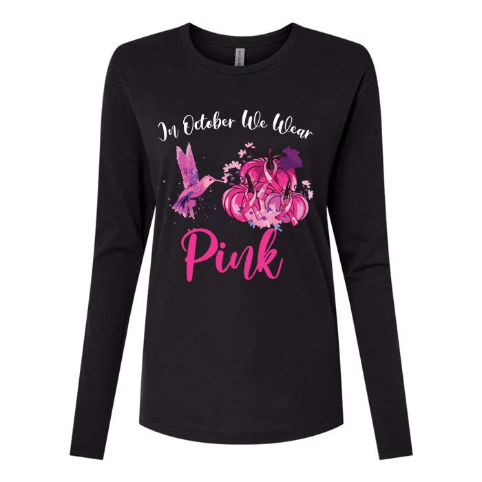 In October We Wear Pink Hummingbird Pumpkin Breast Cancer Womens Cotton Relaxed Long Sleeve T-Shirt