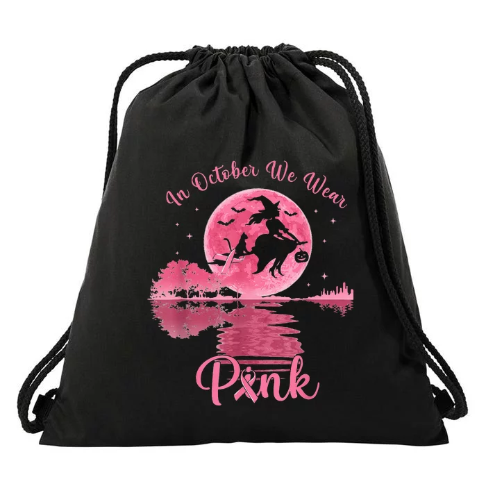 In October We Wear Witch Breast Cancer Halloween Drawstring Bag