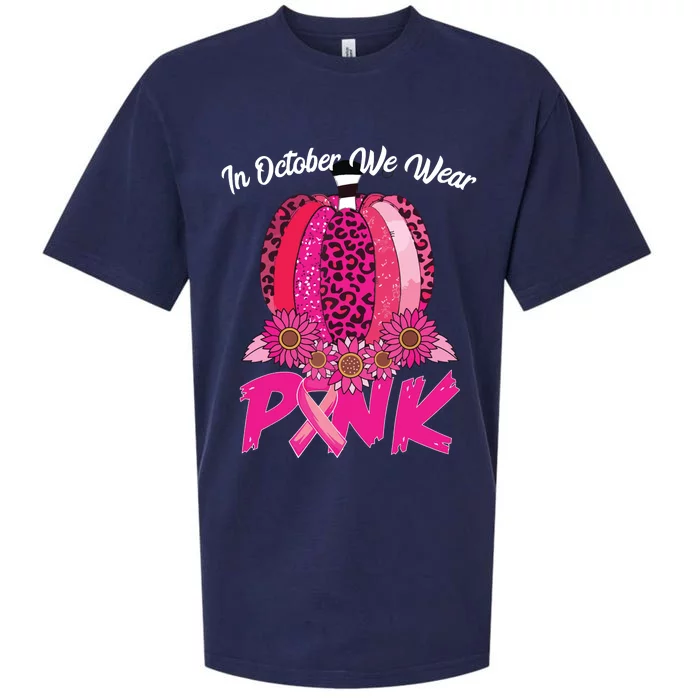 In October We Wear Pink Leopard Pumpkin Breast Cancer Sueded Cloud Jersey T-Shirt