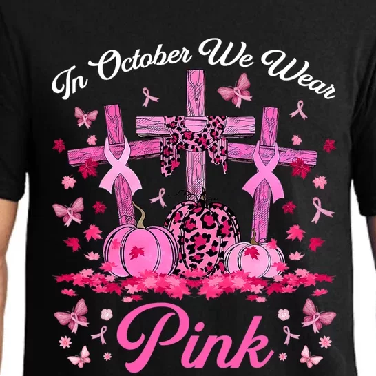 In October We Wear Pink Jesus Cross Pumpkins Breast Cancer Great Gift Pajama Set