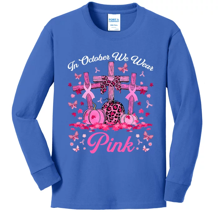 In October We Wear Pink Jesus Cross Pumpkins Breast Cancer Great Gift Kids Long Sleeve Shirt