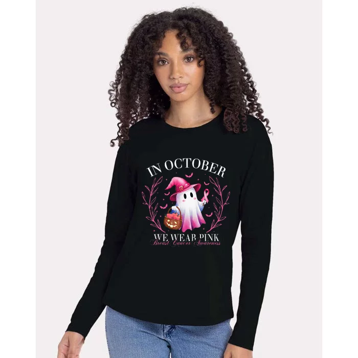 In October We Wear Ghost Witch Breast Cancer Awareness Womens Cotton Relaxed Long Sleeve T-Shirt