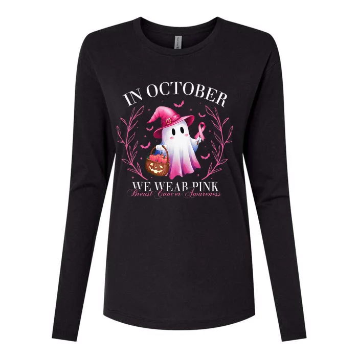 In October We Wear Ghost Witch Breast Cancer Awareness Womens Cotton Relaxed Long Sleeve T-Shirt