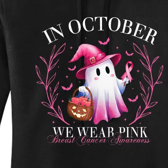 In October We Wear Ghost Witch Breast Cancer Awareness Women's Pullover Hoodie