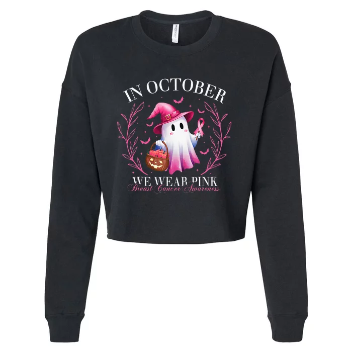 In October We Wear Ghost Witch Breast Cancer Awareness Cropped Pullover Crew