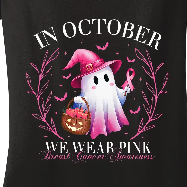 In October We Wear Ghost Witch Breast Cancer Awareness Women's V-Neck T-Shirt