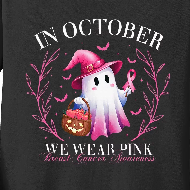 In October We Wear Ghost Witch Breast Cancer Awareness Kids Long Sleeve Shirt