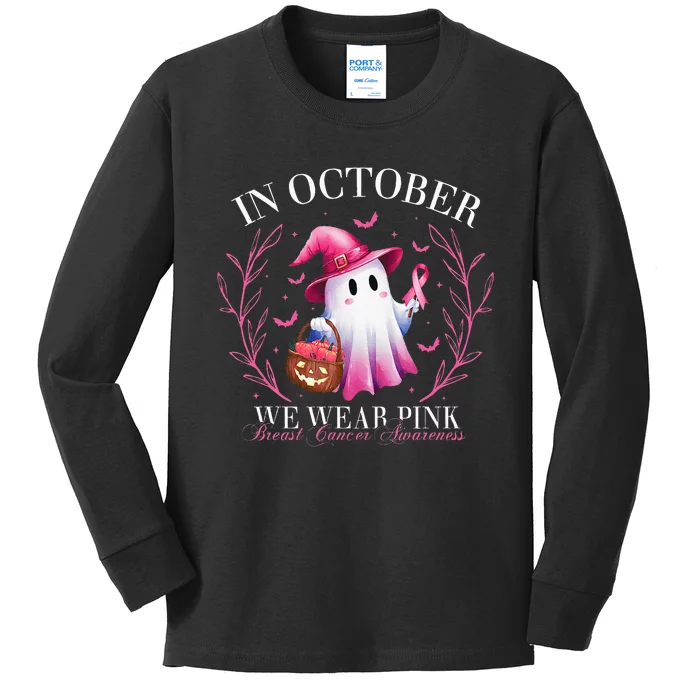 In October We Wear Ghost Witch Breast Cancer Awareness Kids Long Sleeve Shirt