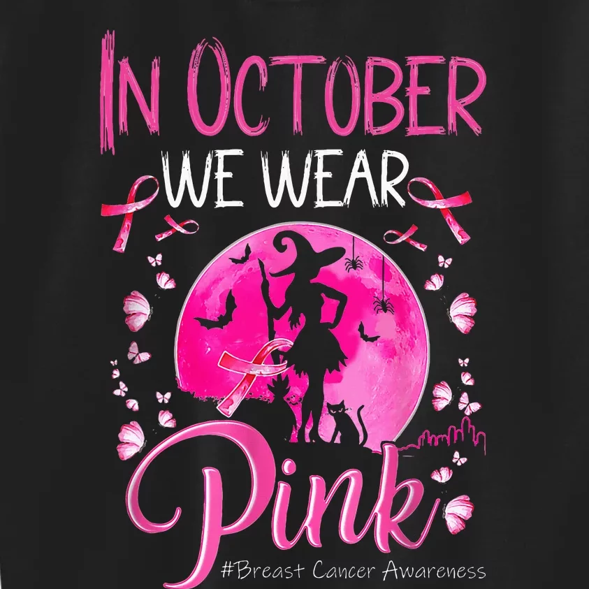 In October We Wear Ribbon Pink Halloween Witch Breast Cancer Kids Sweatshirt