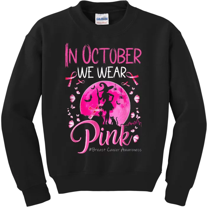 In October We Wear Ribbon Pink Halloween Witch Breast Cancer Kids Sweatshirt