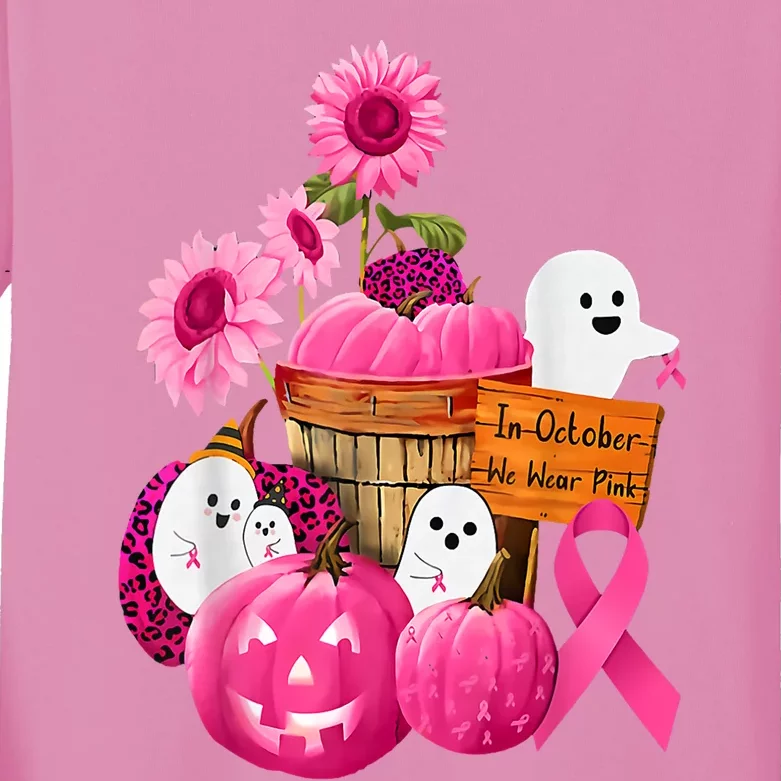 In October We Wear Pink Ghosts & Pumpkins For Breast Cancer Kids Long Sleeve Shirt