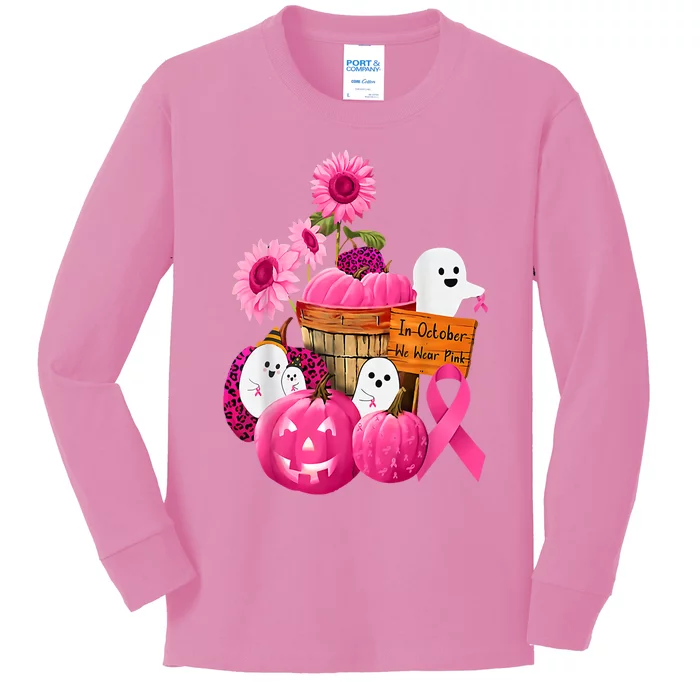 In October We Wear Pink Ghosts & Pumpkins For Breast Cancer Kids Long Sleeve Shirt